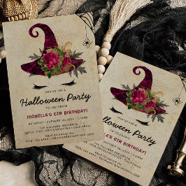 Cute Witch Girls Halloween Kids Burgundy Birthday Inbjudningar