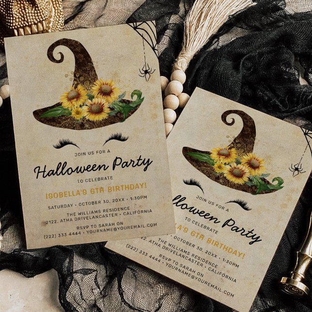 Cute Witch Girls Halloween Kids Gult Birthday Inbjudningar (Skapare uppladdad)