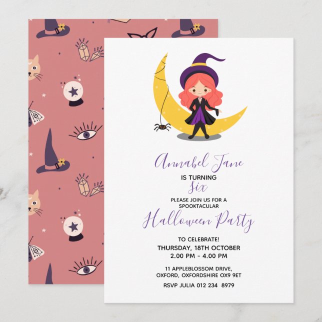 Cute witch Halloween Birthday  Inbjudningar (Fram/baksida)