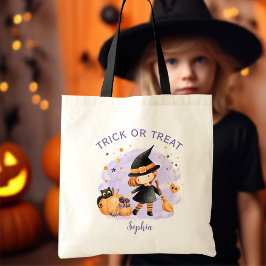 Cute Witch Halloween Bus eller godis Namn Tote Bag Tygkasse