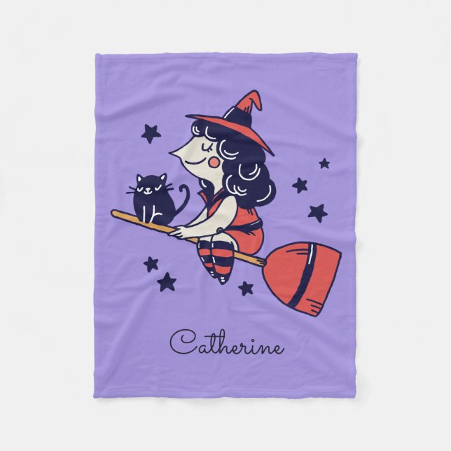 Cute Witch Halloween-filtar med eget namn Fleecefilt (Framsidan)