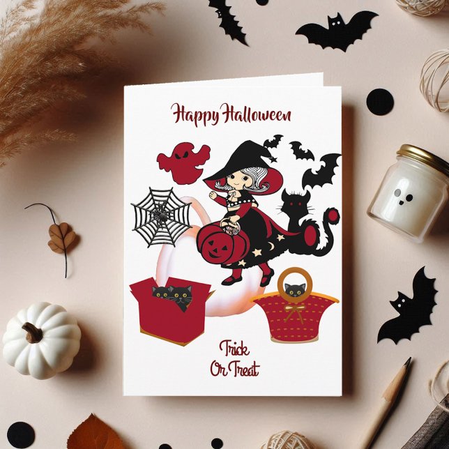 Cute Witch Halloween-hälsningskort för Bus eller g Kort (Cute Witch Halloween Trick Or Treat Greeting Card)