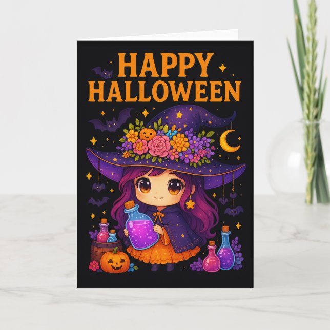 Cute Witch Halloween-mappat Hälsning-kort Kort (Framsida)