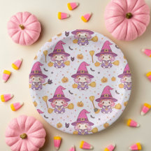 Cute Witch Halloween Mönster med Pumpkins och Flad