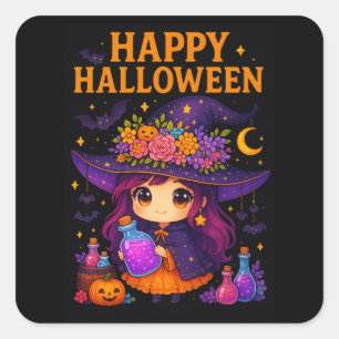Cute Witch Halloween Stickers Fyrkantigt Klistermärke