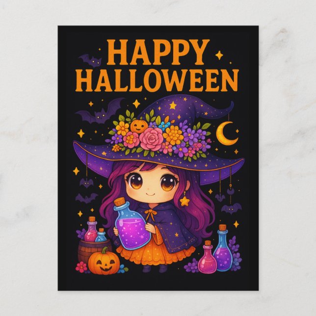 Cute Witch Halloween-vykort Vykort (Framsida)