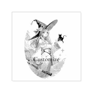 Cute Witch Holding Black Cat Thunder_Cove Självfärgande Stämpel