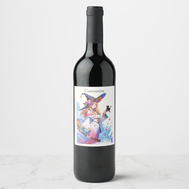Cute Witch Holding Black Cat Thunder_Cove Vinflaska Etikett (Framsida)