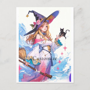 Cute Witch Holding Black Cat Thunder_Cove Vykort