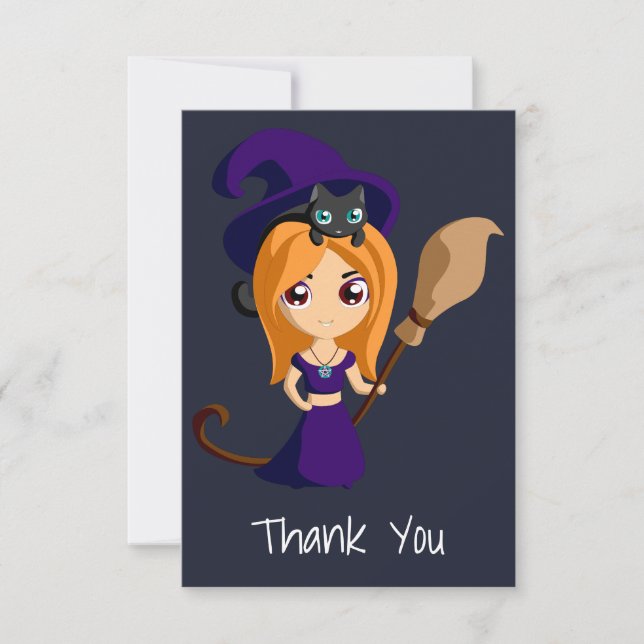 Cute Witch i Lila Hat Halloween fest Tack Kort (Framsida)
