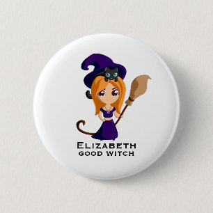 Cute Witch i Lila Hat Halloween Knapp