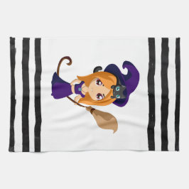 Cute Witch i Lila Hat Halloween Kökshandduk