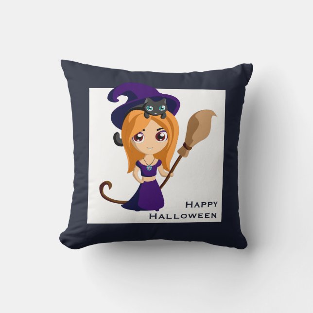 Cute Witch i Lila Hat Halloween Kudde (Framsida)