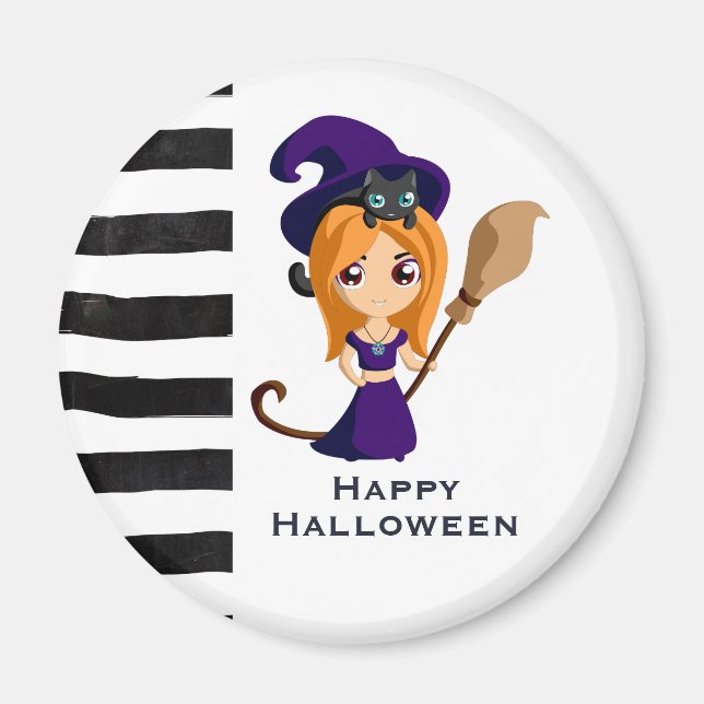 Cute Witch i Lila Hat Halloween Magnet (Framsidan)