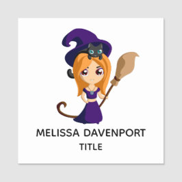 Cute Witch i Lila Hat Halloween Namnbricka
