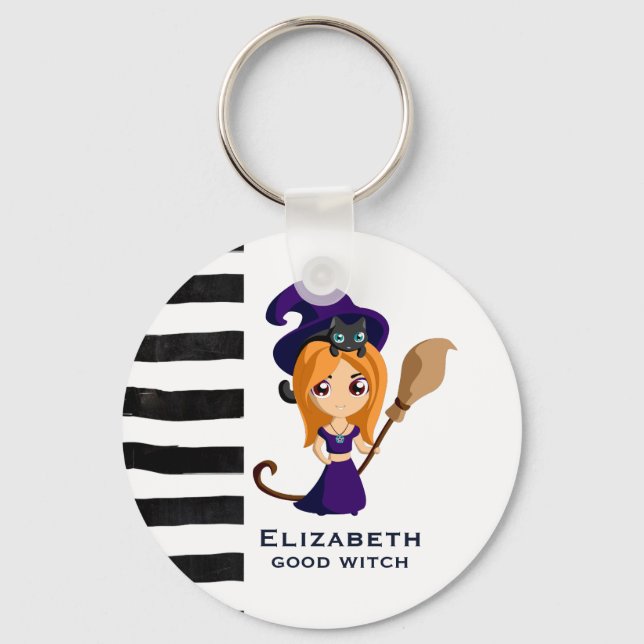 Cute Witch i Lila Hat Halloween Nyckelring (Framsida)