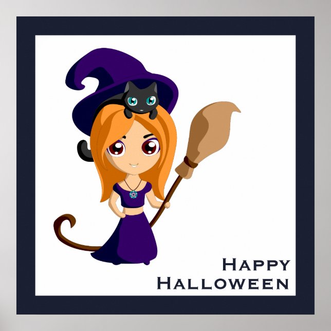 Cute Witch i Lila Hat Halloween Poster (Framsidan)