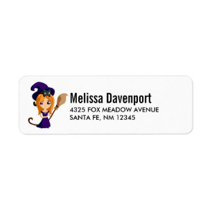 Cute Witch i Lila Hat Halloween Returadress Etikett