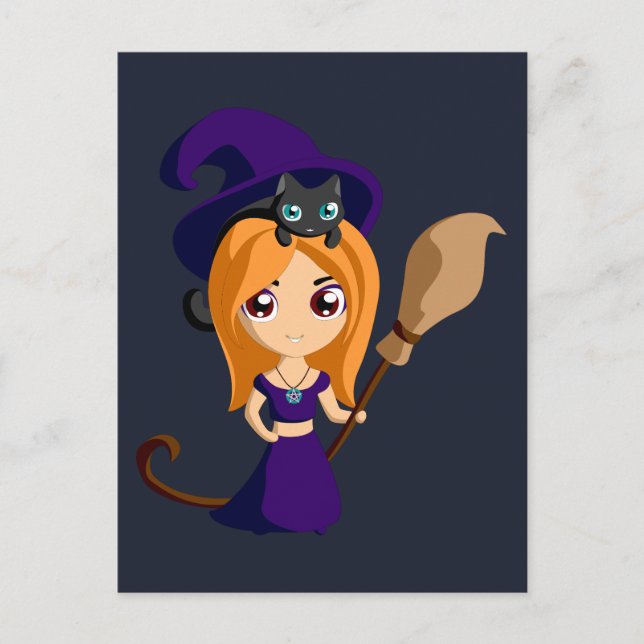 Cute Witch i Lila Hat och hennes Cat Halloween Vykort (Framsida)