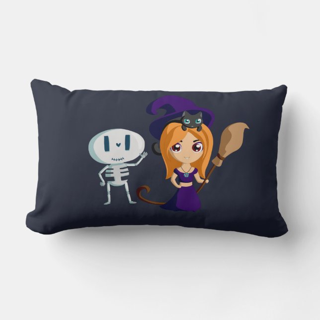 Cute Witch i Lila Hat & Skeleton Halloween Lumbarkudde (Framsida)