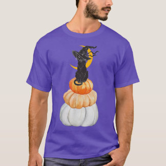 Cute Witch-katt på Pumpkin med Måne Behind Hallmus T Shirt