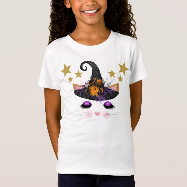 Cute Witch Kattunge Ansikte Halloween T Shirt (Framsida)