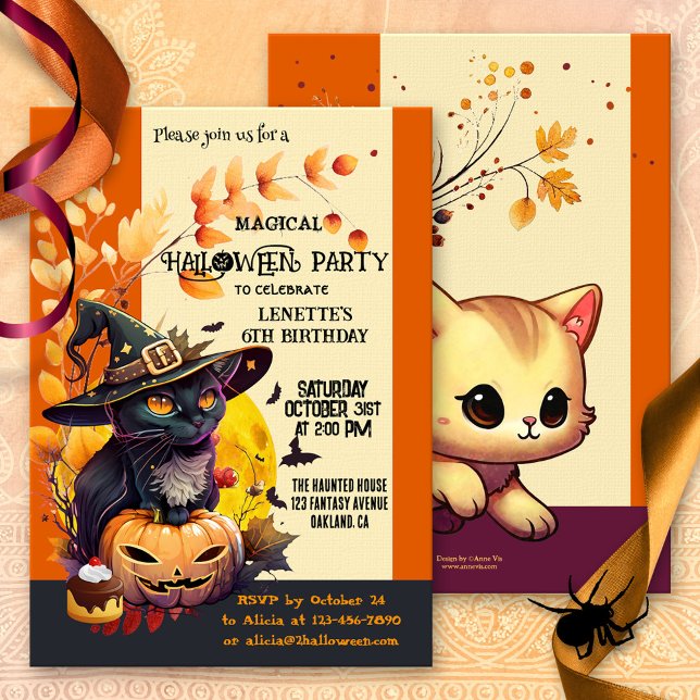 Cute Witch Kids Birthday Halloween fest Inbjudningar (A cute child birthday Halloween party invitation showing a witch cat with magical pumpkin and treat)