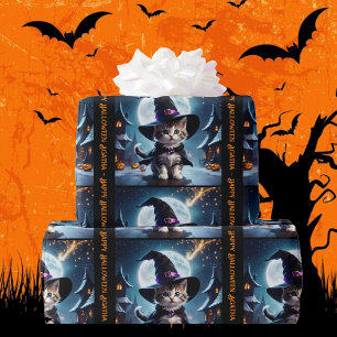 Cute Witch Kitten Halloween Add Girl's Namn Presentpapper