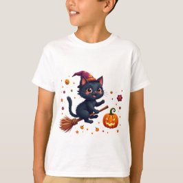 Cute Witch Kitten Riding Broom Halloween T Shirt