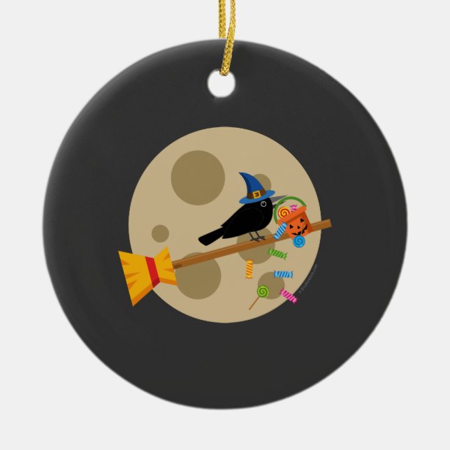 Cute Witch Kråka på ett rum som sprider sig Julgransprydnad Keramik (Framsidan)