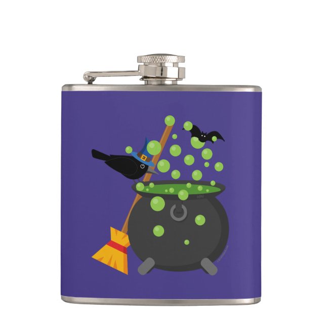 Cute Witch Kråka Tittar till en Bubbling Cauldron Fickplunta (Framsidan)