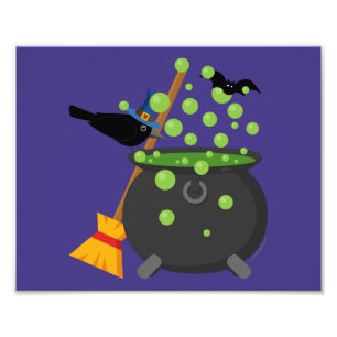 Cute Witch Kråka Tittar till en Bubbling Cauldron Fototryck
