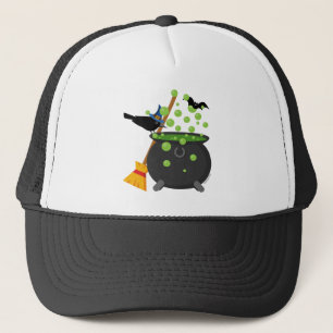 Cute Witch Kråka Tittar till en Bubbling Cauldron Keps
