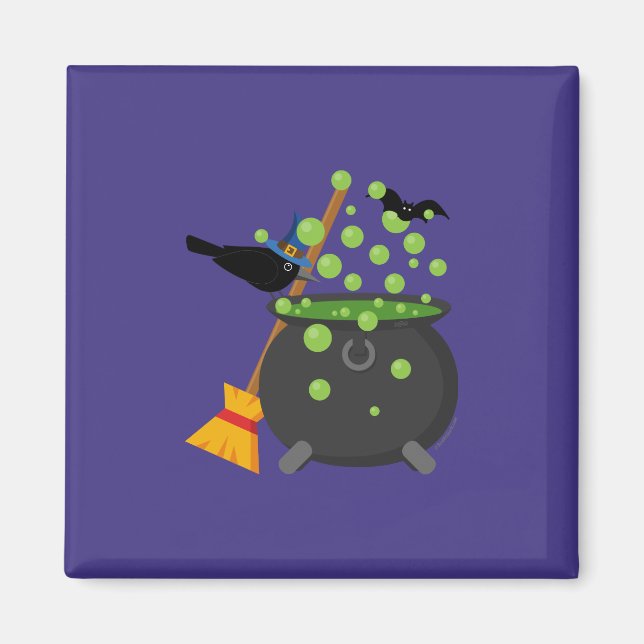 Cute Witch Kråka Tittar till en Bubbling Cauldron Magnet (Framsidan)