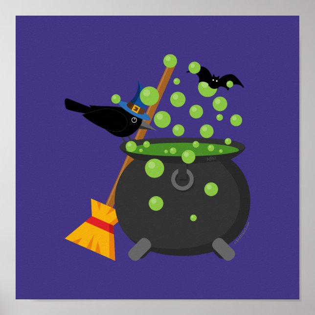 Cute Witch Kråka Tittar till en Bubbling Cauldron Poster (Framsidan)