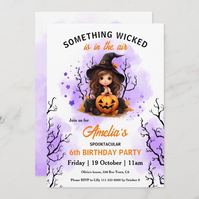 Cute Witch Lila Orange Halloween Birthday Inbjudningar (Fram/baksida)