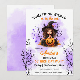 Cute Witch Lila Orange Halloween Birthday Inbjudningar