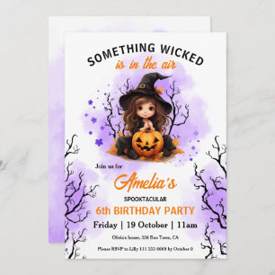 Cute Witch Lila Orange Halloween Birthday Inbjudningar
