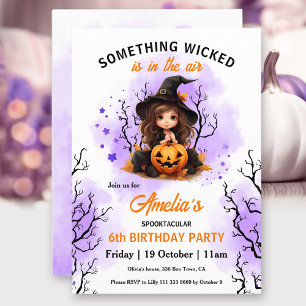 Cute Witch Lila Orange Halloween Girls Birthday Inbjudningar