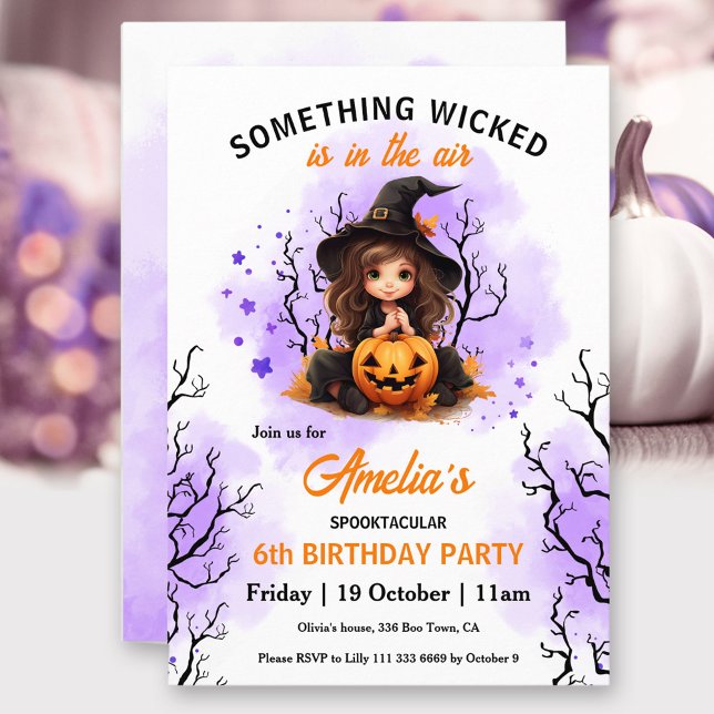 Cute Witch Lila Orange Halloween Girls Birthday Inbjudningar (Cute Witch Purple Orange Halloween Girls' Birthday Invitation)
