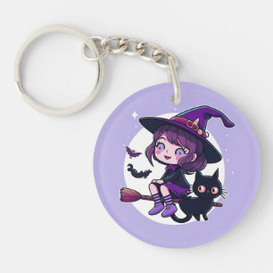 Cute Witch med Broom Black Cat Fladdermöss Måne  