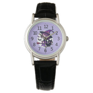 Cute Witch med Broom Black Cat Fladdermöss Måne   Armbandsur