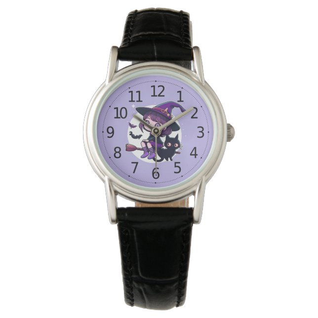 Cute Witch med Broom Black Cat Fladdermöss Måne | Armbandsur (Framsida)