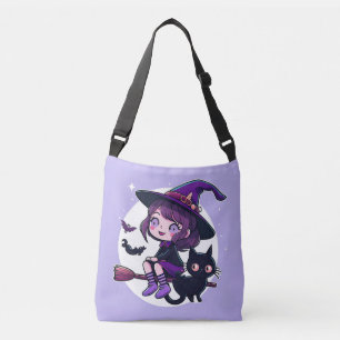 Cute Witch med Broom Black Cat Fladdermöss Måne   Axelväska