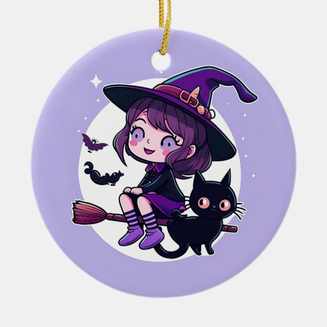 Cute Witch med Broom Black Cat Fladdermöss Måne | Julgransprydnad Keramik (Framsidan)