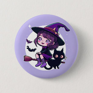 Cute Witch med Broom Black Cat Fladdermöss Måne Knapp