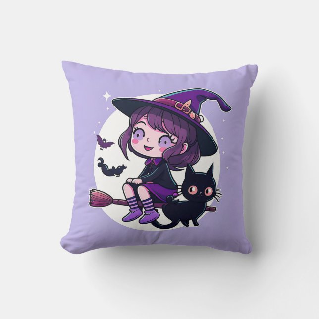 Cute Witch med Broom Black Cat Fladdermöss Måne | Kudde (Framsida)