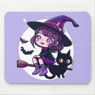 Cute Witch med Broom Black Cat Fladdermöss Måne   Musmatta