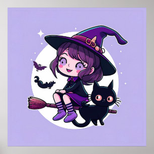 Cute Witch med Broom Black Cat Fladdermöss Måne Poster