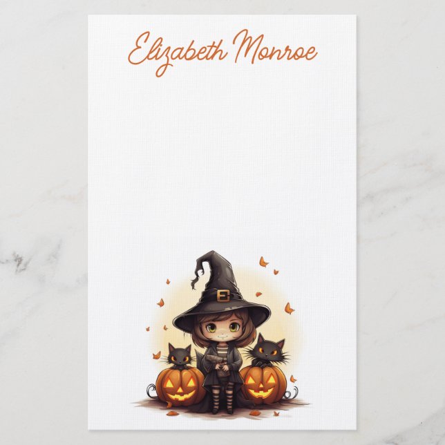 Cute Witch med Svarta katter och Pumpkins Hallowee Brevpapper (Framsida)